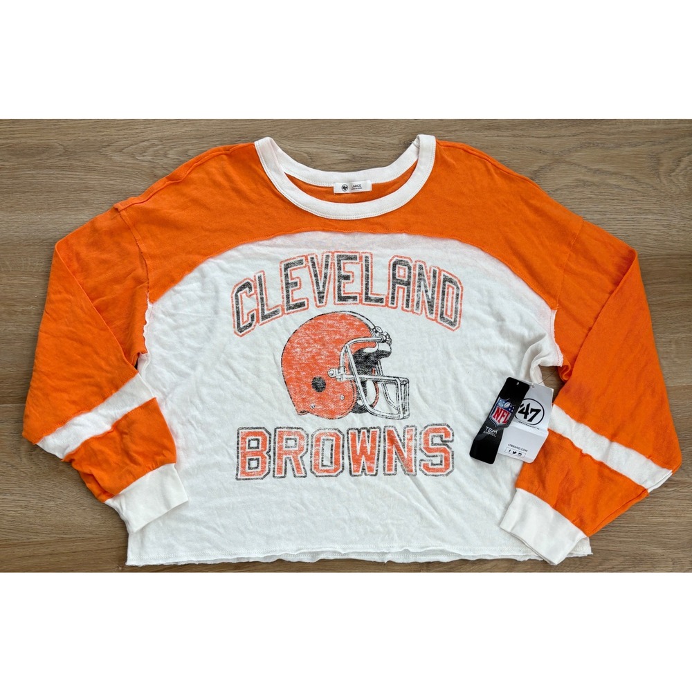 NWT Women's 47 Brand Cleveland Browns Raw Hem Cropped LS Tee -Large-White/Orange - Picture 1 of 6